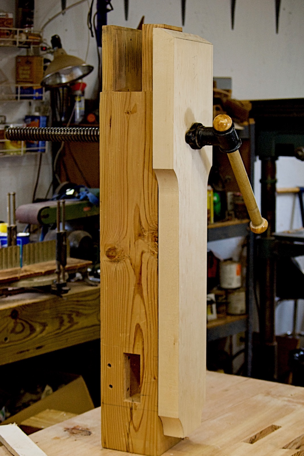 The leg vise and a bench leg.